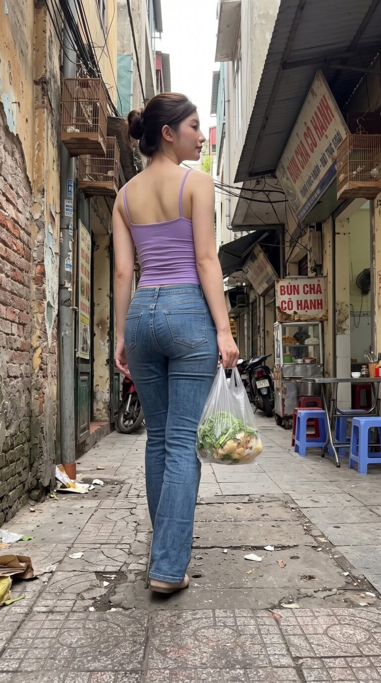 Seen from behind walking down a narrow Hanoi lane in the lavender camisole and jeans, the bag of greens in one hand