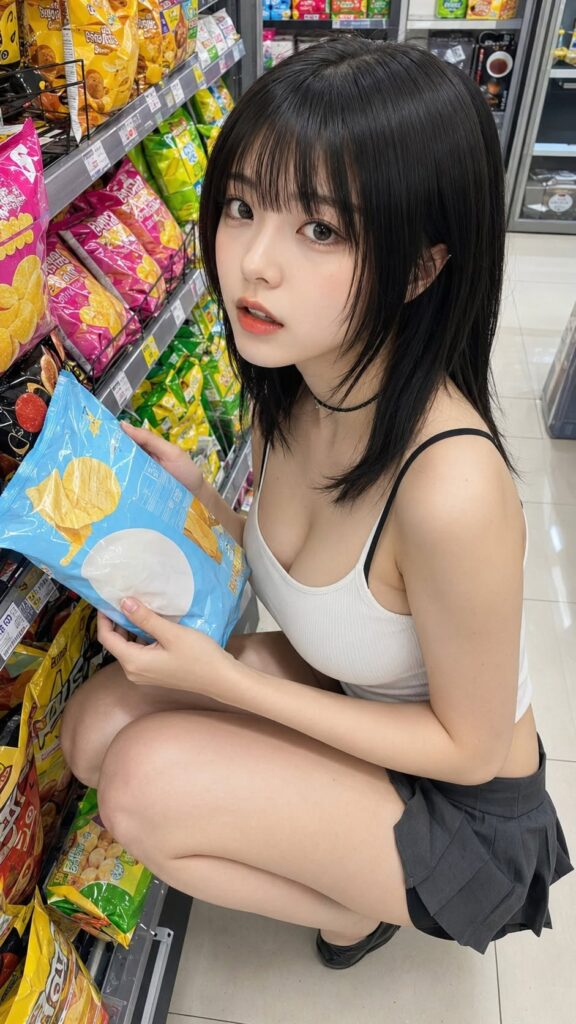 The same prompt run again from a higher angle, further along the snack shelves