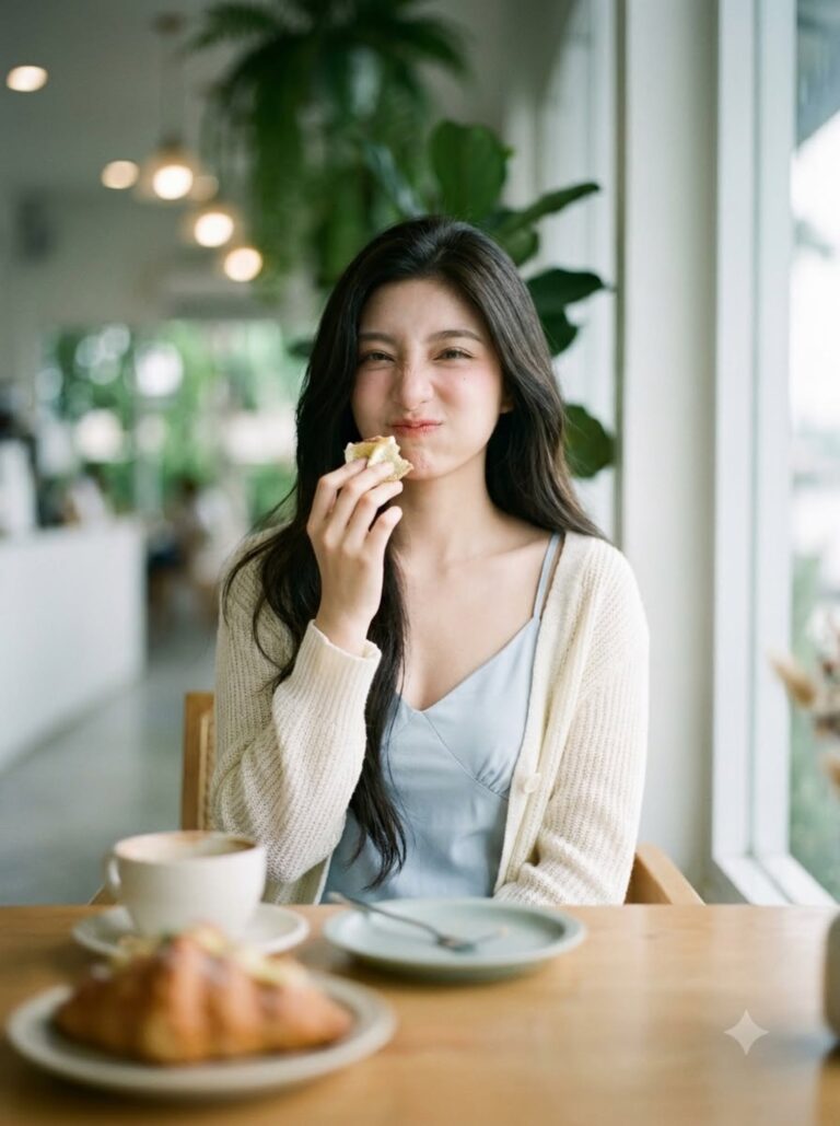 At a café table by the window, scrunching her face mid-bite of a pastry, croissant and coffee in the foreground