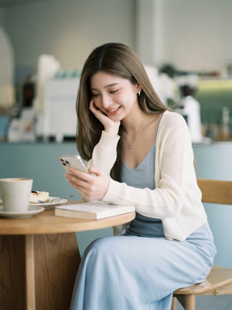 Seated at a small wooden café table, cheek resting on one hand, smiling down at a phone, coffee cup, dessert plate and paperback on the table