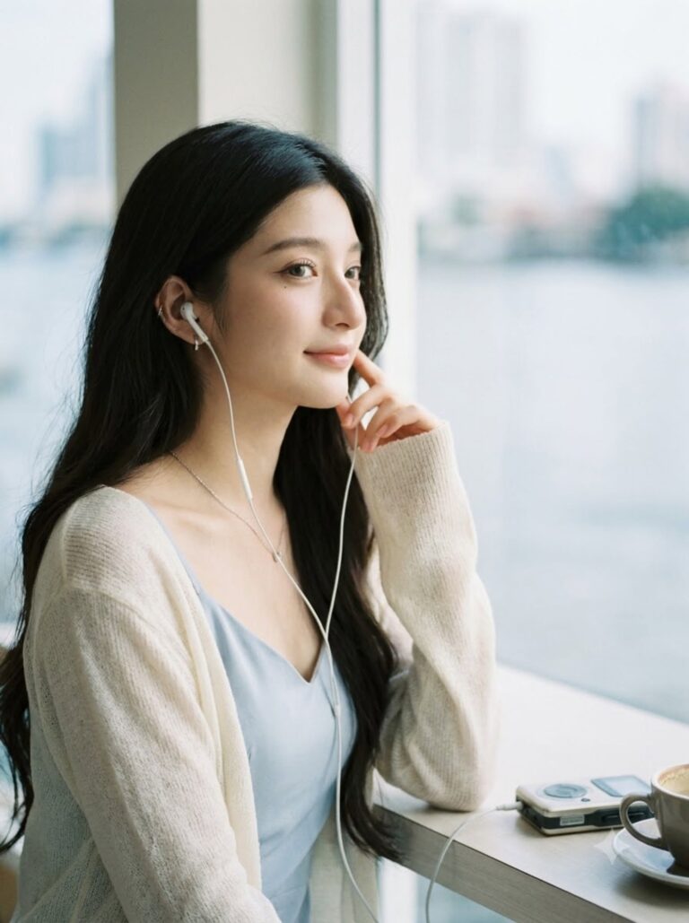 Close-up by a café window over the river, wired earphones in, fingertips at her lips, a small music player beside a coffee cup