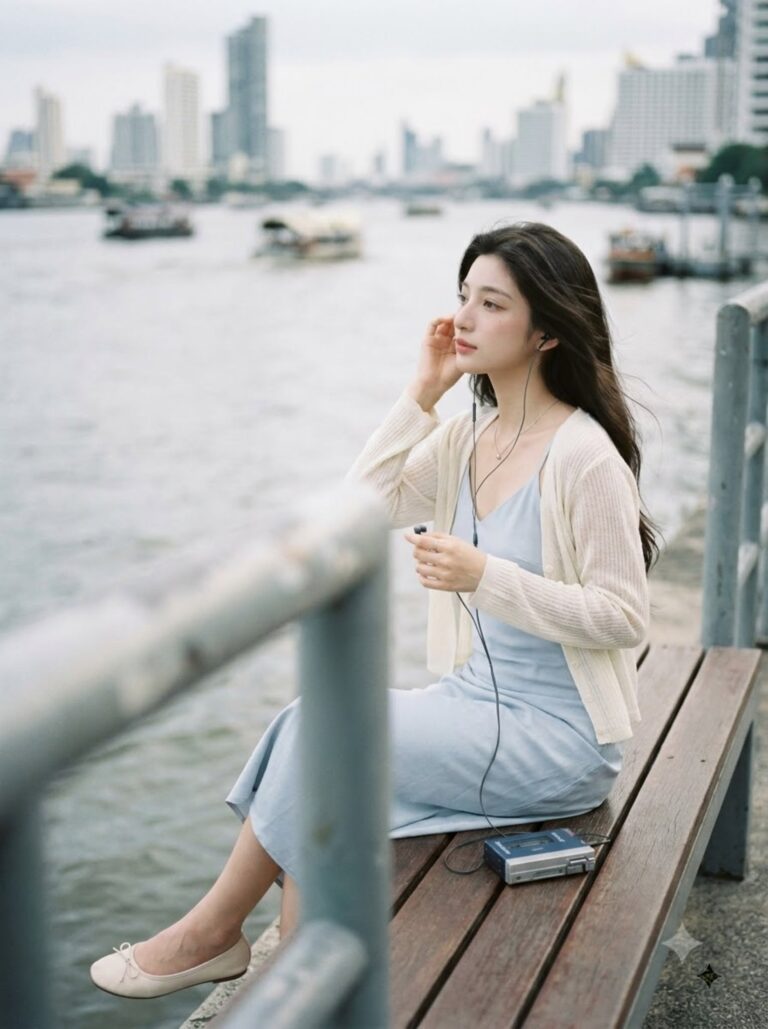 Sitting on a riverside bench with wired earphones, hand at one ear, a portable player on the bench beside her