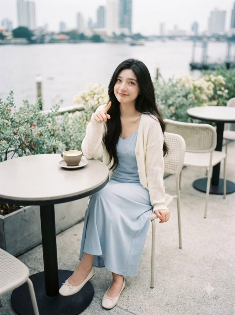 Sitting at a terrace table by the river, smiling and pointing at the camera, coffee cup on the table