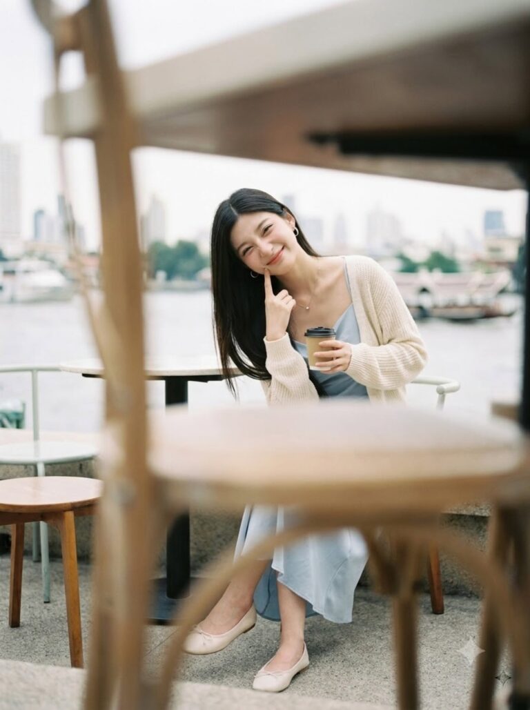Seen through the blurred back of a wooden chair, smiling with a finger to her cheek, holding a takeaway coffee