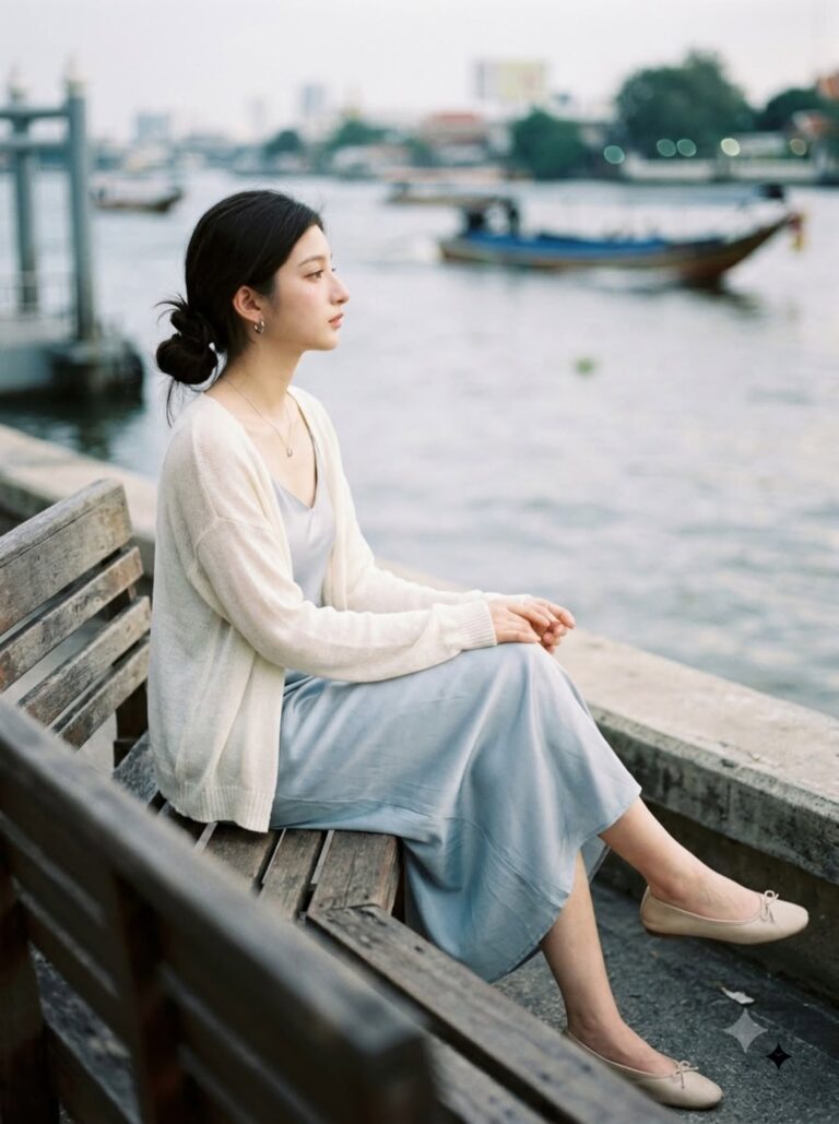 Seated on a wooden bench by the river with her hair in a low bun, hands in her lap, looking out at the water