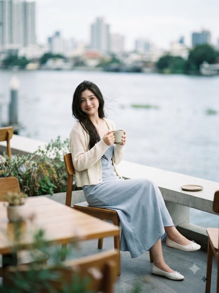 Sitting on a café chair by the river holding a coffee cup, smiling at the camera