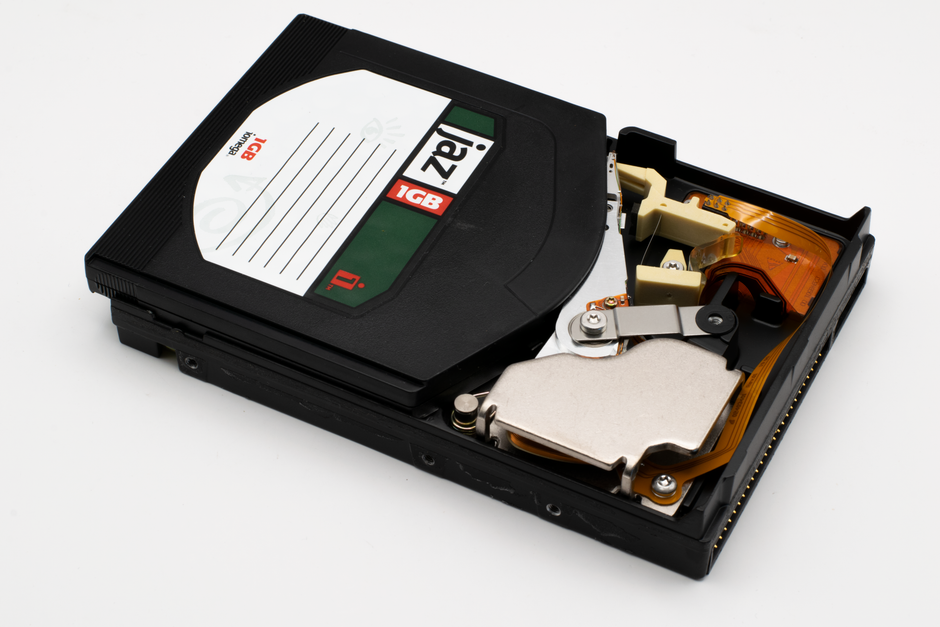 Close-up of an open Iomega Jaz 1GB disk drive showcasing internal components.