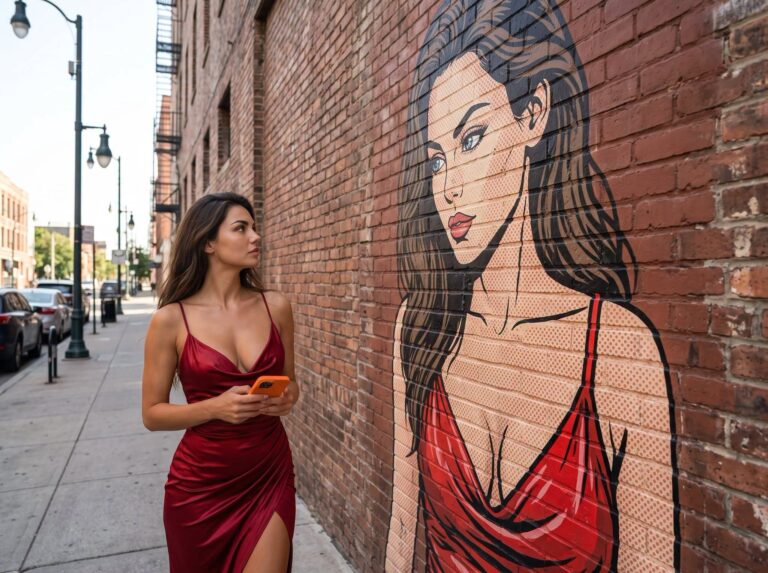 A woman in a red satin slip dress walking past a brick-wall mural of a woman in the same red dress, holding a phone instead of a book