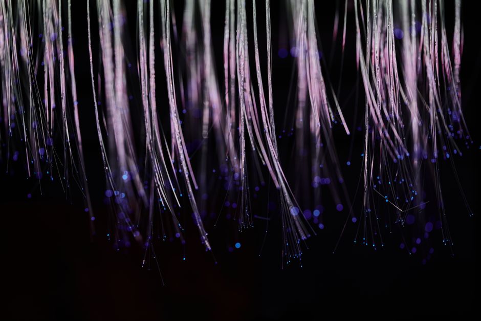 Abstract image of ethereal fiber optic strands cascading with glowing blue lights.